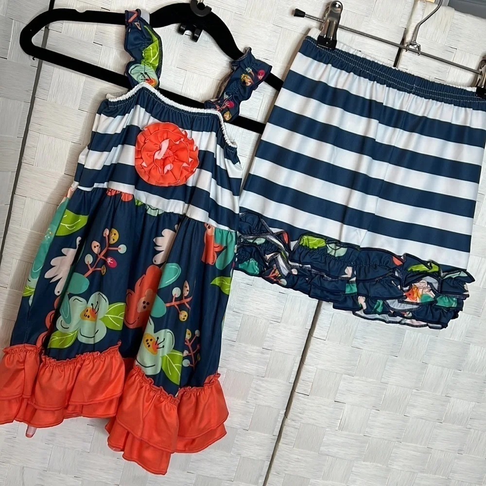 Navy & Coral Print Top With Rosette Detail And Ruffle Shorts - Picture 11 of 13